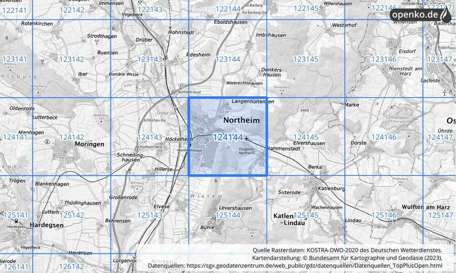 Übersichtskarte des KOSTRA-DWD-2020-Rasterfeldes Nr. 124144