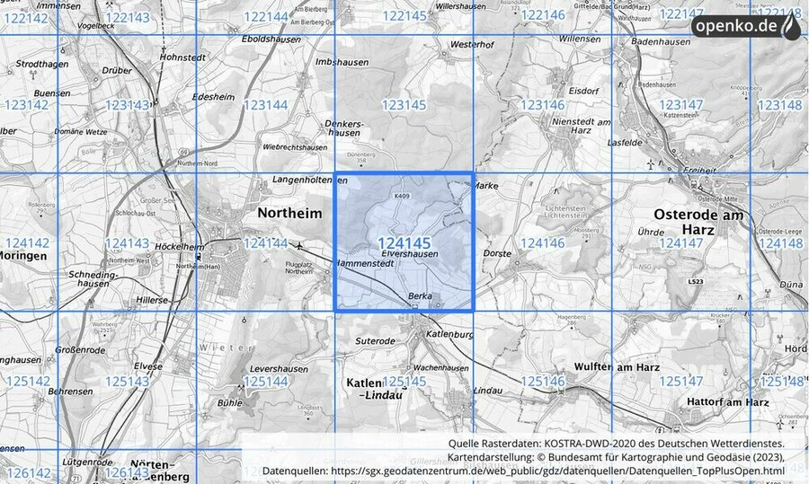 Übersichtskarte des KOSTRA-DWD-2020-Rasterfeldes Nr. 124145