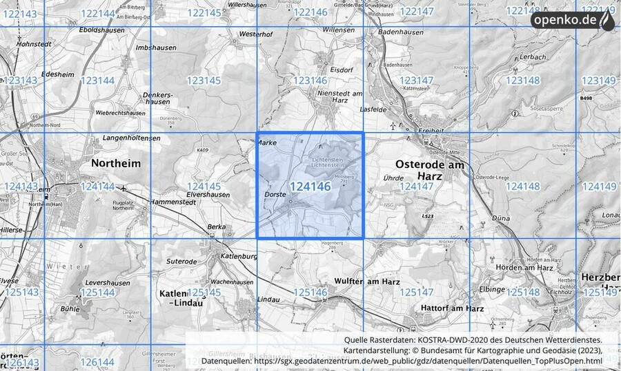 Übersichtskarte des KOSTRA-DWD-2020-Rasterfeldes Nr. 124146