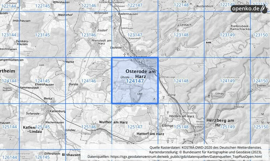 Übersichtskarte des KOSTRA-DWD-2020-Rasterfeldes Nr. 124147