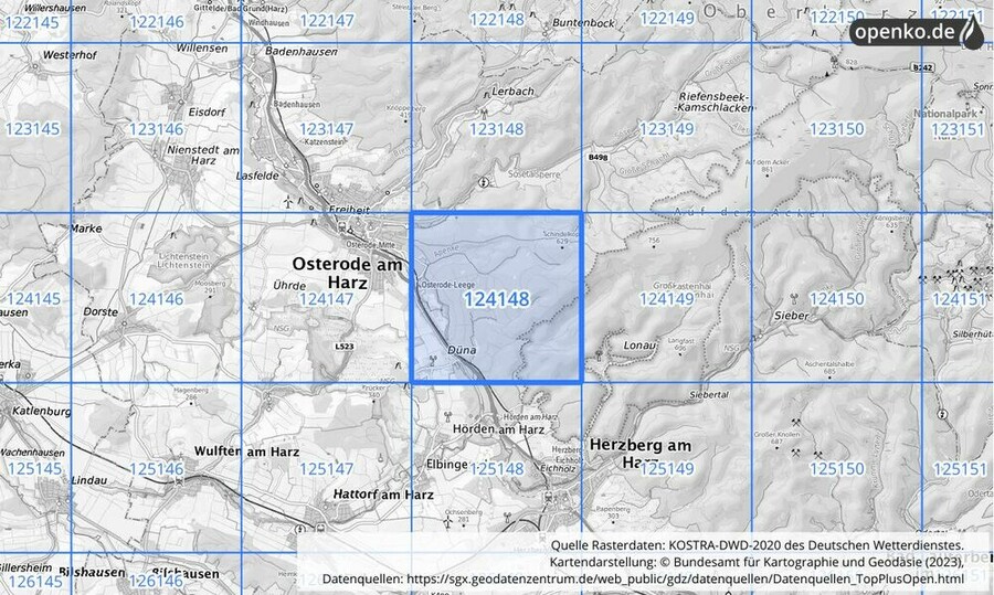 Übersichtskarte des KOSTRA-DWD-2020-Rasterfeldes Nr. 124148