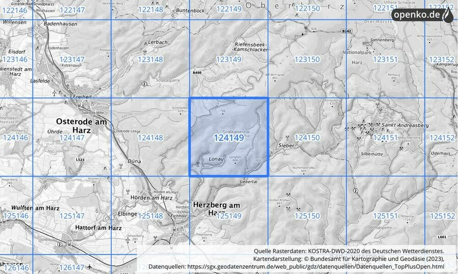 Übersichtskarte des KOSTRA-DWD-2020-Rasterfeldes Nr. 124149