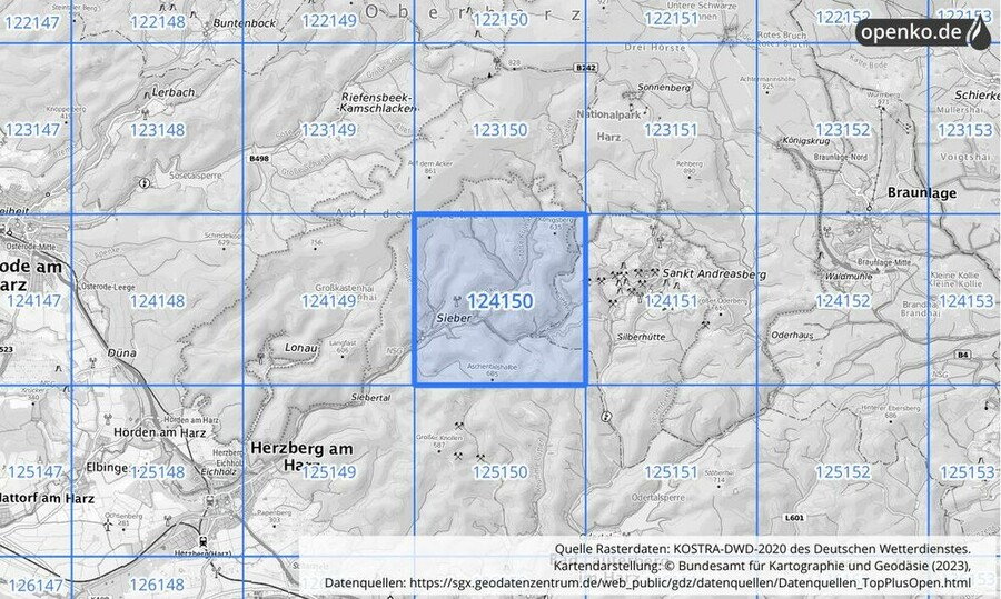 Übersichtskarte des KOSTRA-DWD-2020-Rasterfeldes Nr. 124150