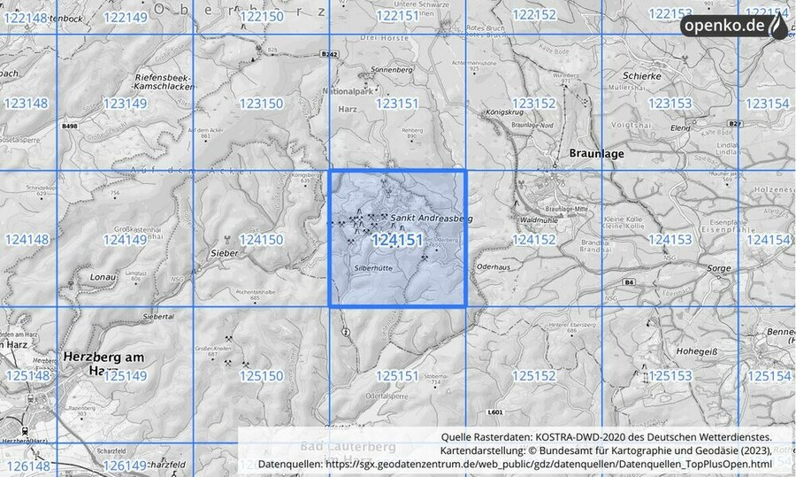 Übersichtskarte des KOSTRA-DWD-2020-Rasterfeldes Nr. 124151