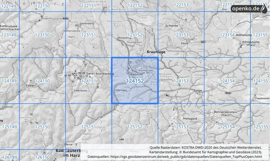 Übersichtskarte des KOSTRA-DWD-2020-Rasterfeldes Nr. 124152