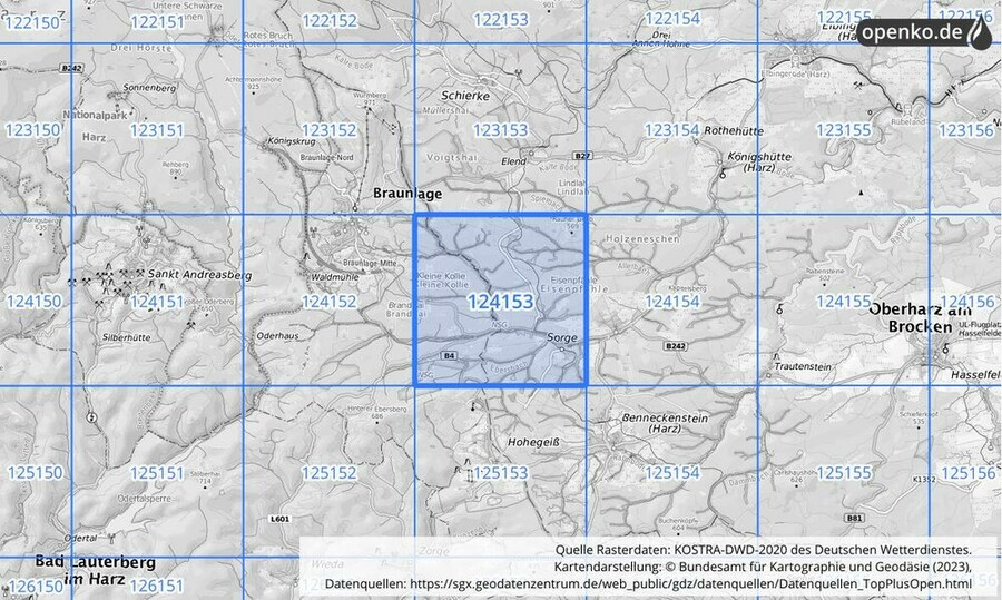 Übersichtskarte des KOSTRA-DWD-2020-Rasterfeldes Nr. 124153