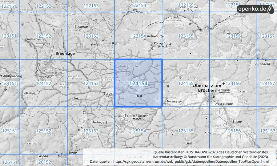 Übersichtskarte des KOSTRA-DWD-2020-Rasterfeldes Nr. 124154