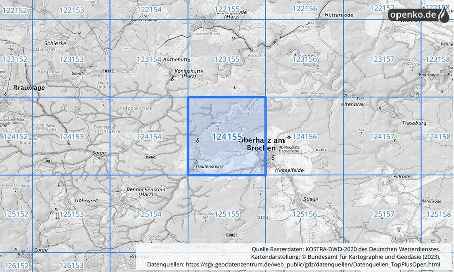 Übersichtskarte des KOSTRA-DWD-2020-Rasterfeldes Nr. 124155