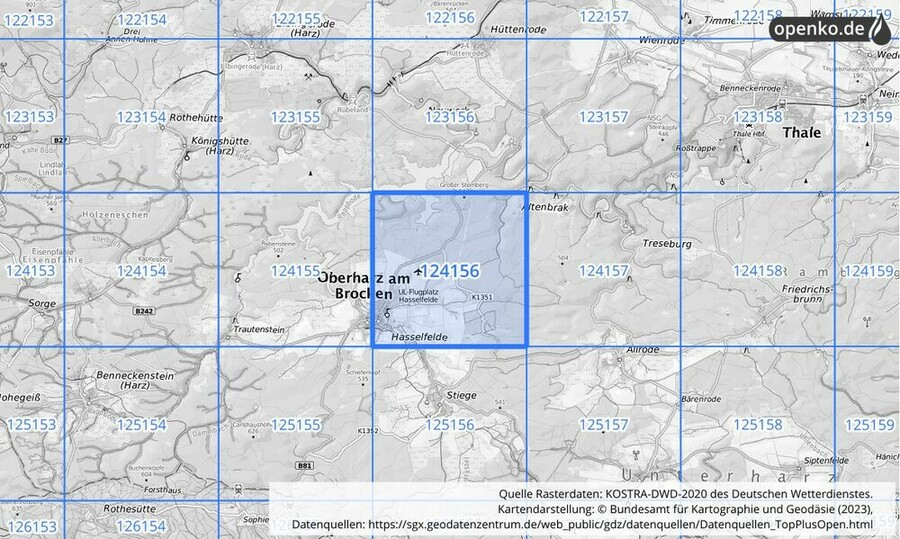 Übersichtskarte des KOSTRA-DWD-2020-Rasterfeldes Nr. 124156