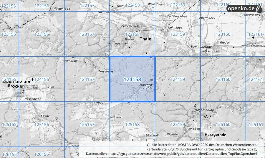 Übersichtskarte des KOSTRA-DWD-2020-Rasterfeldes Nr. 124158