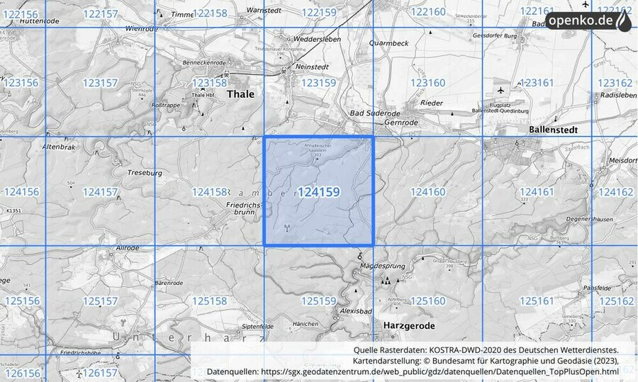 Übersichtskarte des KOSTRA-DWD-2020-Rasterfeldes Nr. 124159