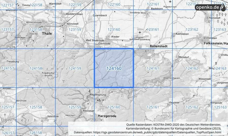 Übersichtskarte des KOSTRA-DWD-2020-Rasterfeldes Nr. 124160