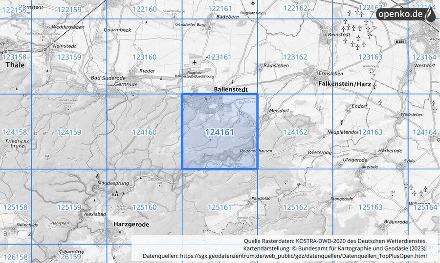 Übersichtskarte des KOSTRA-DWD-2020-Rasterfeldes Nr. 124161