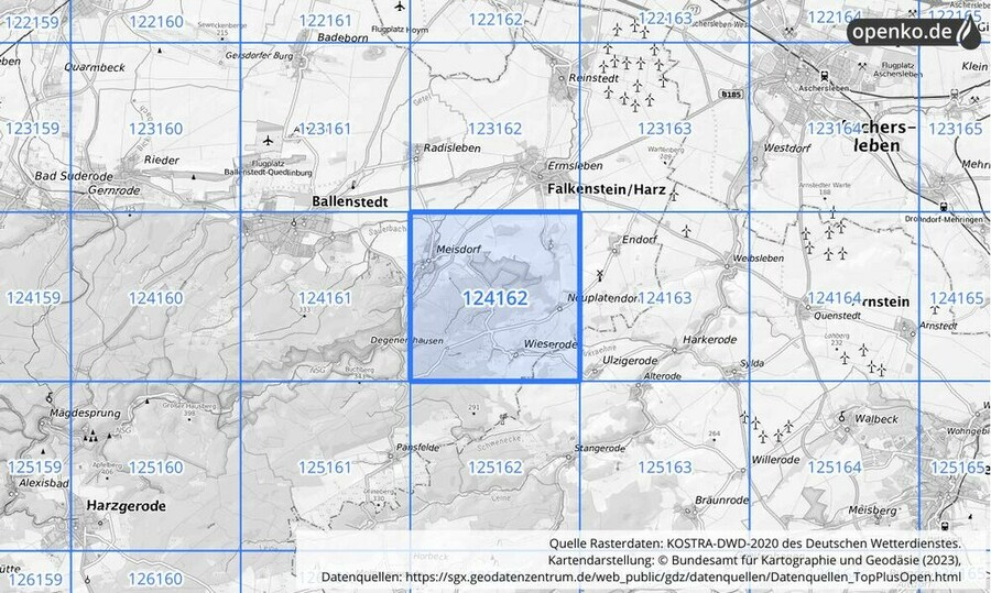 Übersichtskarte des KOSTRA-DWD-2020-Rasterfeldes Nr. 124162