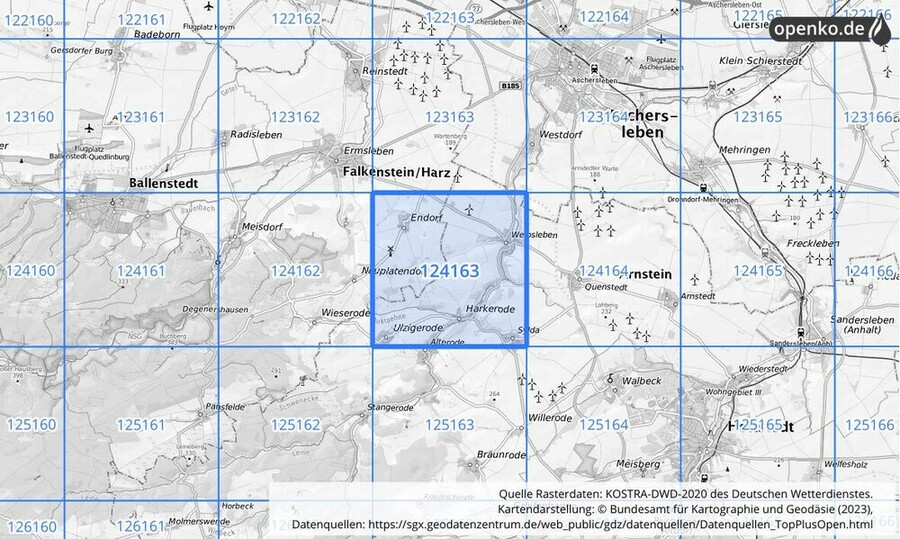 Übersichtskarte des KOSTRA-DWD-2020-Rasterfeldes Nr. 124163