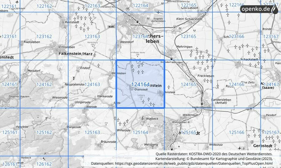 Übersichtskarte des KOSTRA-DWD-2020-Rasterfeldes Nr. 124164