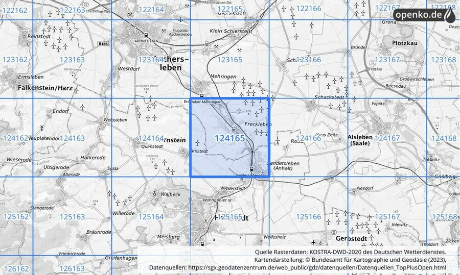 Übersichtskarte des KOSTRA-DWD-2020-Rasterfeldes Nr. 124165