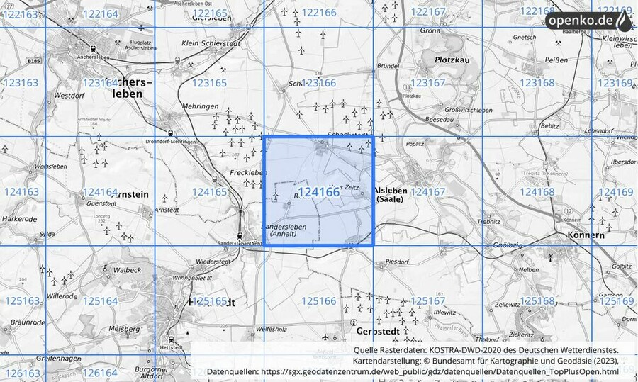 Übersichtskarte des KOSTRA-DWD-2020-Rasterfeldes Nr. 124166