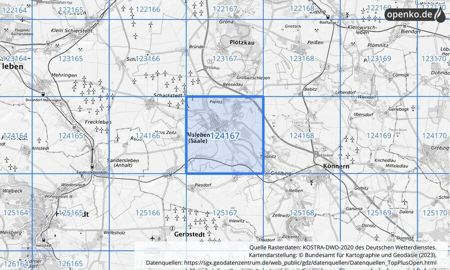 Übersichtskarte des KOSTRA-DWD-2020-Rasterfeldes Nr. 124167