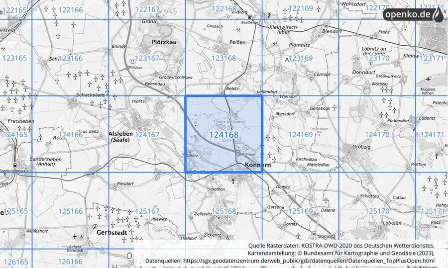 Übersichtskarte des KOSTRA-DWD-2020-Rasterfeldes Nr. 124168