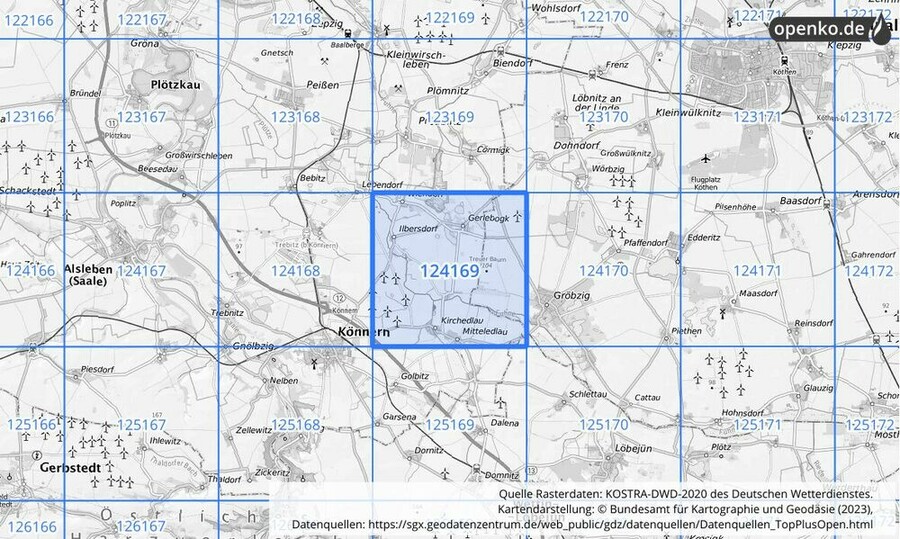 Übersichtskarte des KOSTRA-DWD-2020-Rasterfeldes Nr. 124169