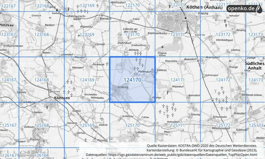 Übersichtskarte des KOSTRA-DWD-2020-Rasterfeldes Nr. 124170