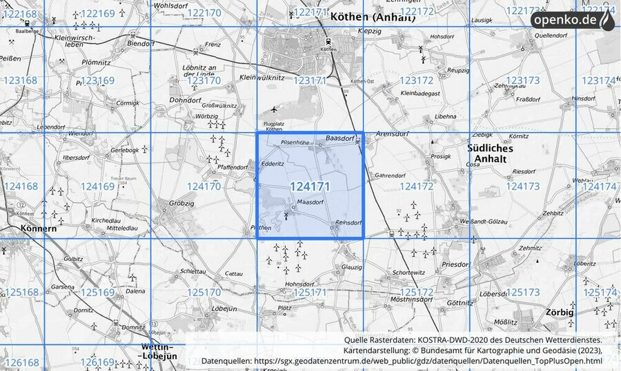 Übersichtskarte des KOSTRA-DWD-2020-Rasterfeldes Nr. 124171