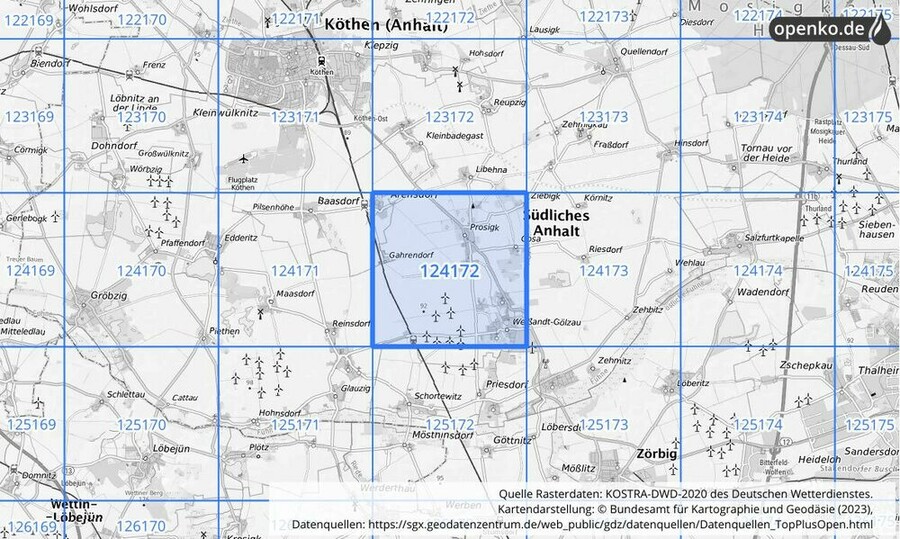 Übersichtskarte des KOSTRA-DWD-2020-Rasterfeldes Nr. 124172