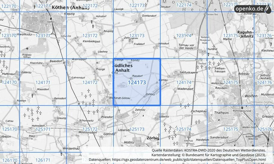 Übersichtskarte des KOSTRA-DWD-2020-Rasterfeldes Nr. 124173