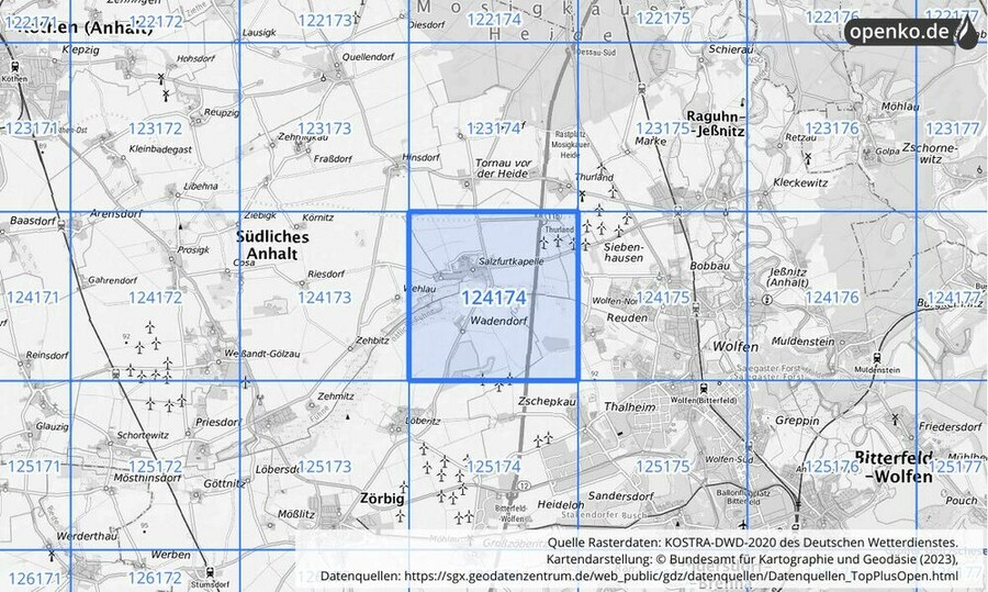 Übersichtskarte des KOSTRA-DWD-2020-Rasterfeldes Nr. 124174