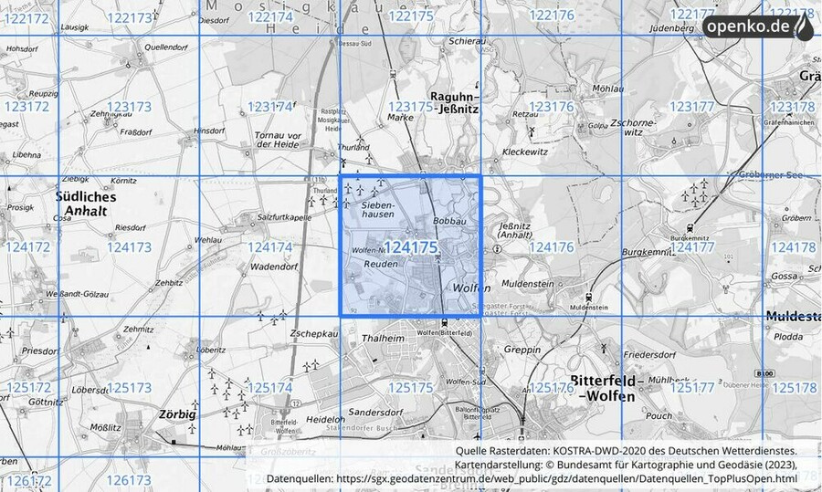 Übersichtskarte des KOSTRA-DWD-2020-Rasterfeldes Nr. 124175