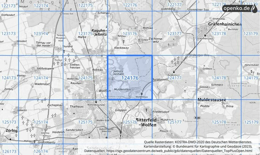 Übersichtskarte des KOSTRA-DWD-2020-Rasterfeldes Nr. 124176