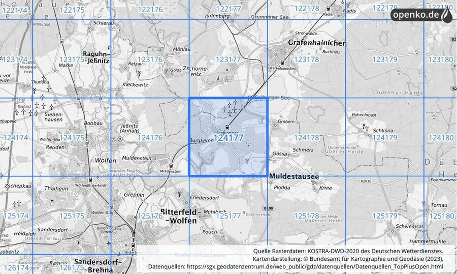 Übersichtskarte des KOSTRA-DWD-2020-Rasterfeldes Nr. 124177