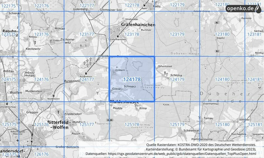 Übersichtskarte des KOSTRA-DWD-2020-Rasterfeldes Nr. 124178