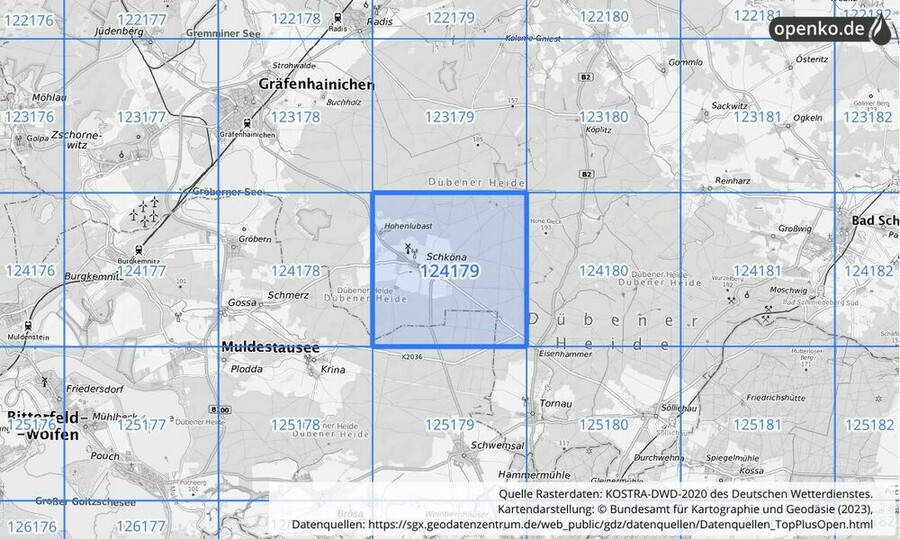 Übersichtskarte des KOSTRA-DWD-2020-Rasterfeldes Nr. 124179