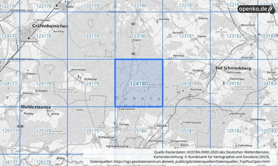 Übersichtskarte des KOSTRA-DWD-2020-Rasterfeldes Nr. 124180