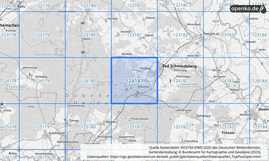 Übersichtskarte des KOSTRA-DWD-2020-Rasterfeldes Nr. 124181