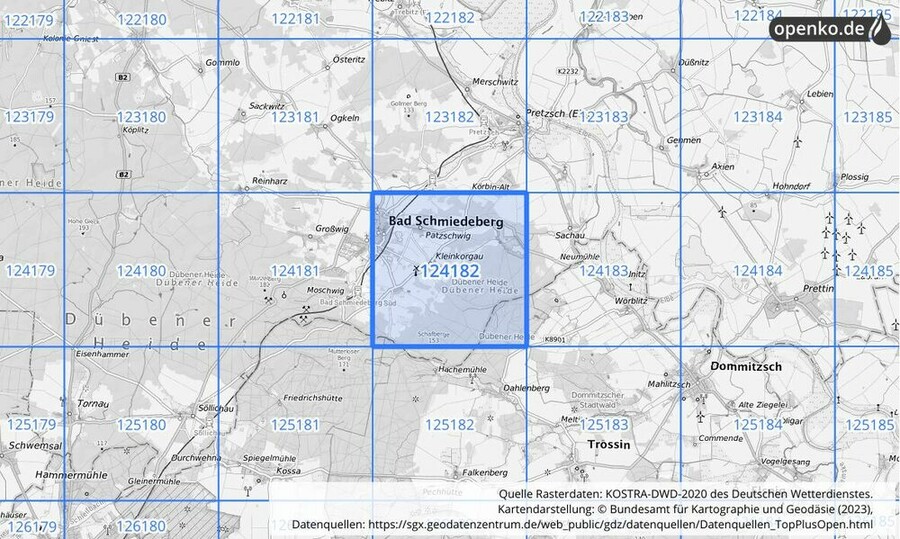 Übersichtskarte des KOSTRA-DWD-2020-Rasterfeldes Nr. 124182