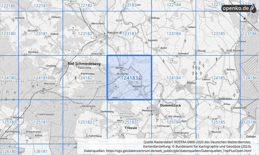 Übersichtskarte des KOSTRA-DWD-2020-Rasterfeldes Nr. 124183