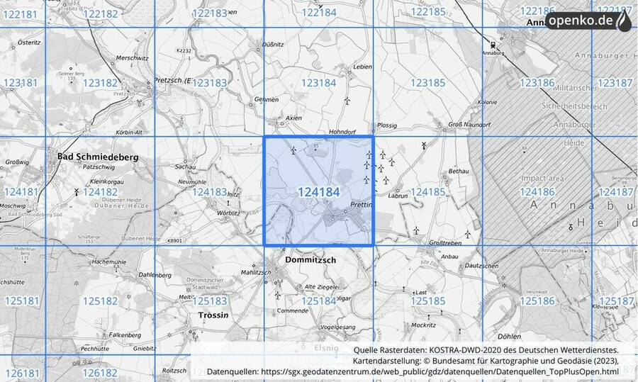 Übersichtskarte des KOSTRA-DWD-2020-Rasterfeldes Nr. 124184