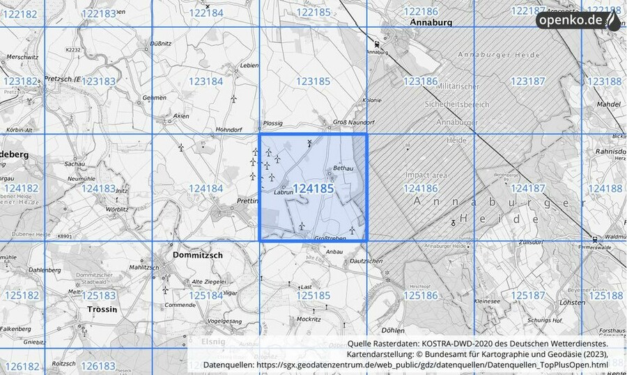 Übersichtskarte des KOSTRA-DWD-2020-Rasterfeldes Nr. 124185