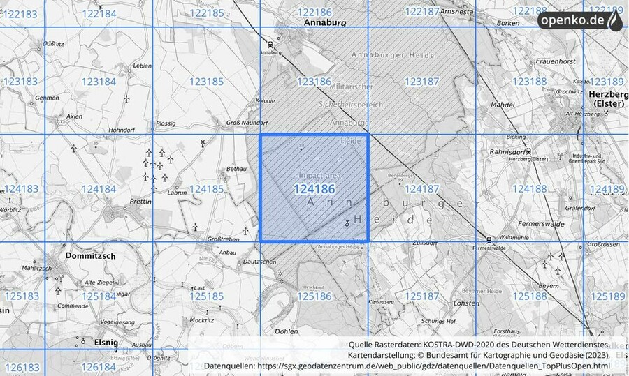 Übersichtskarte des KOSTRA-DWD-2020-Rasterfeldes Nr. 124186