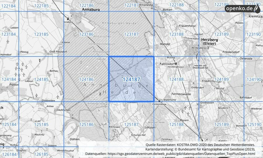 Übersichtskarte des KOSTRA-DWD-2020-Rasterfeldes Nr. 124187