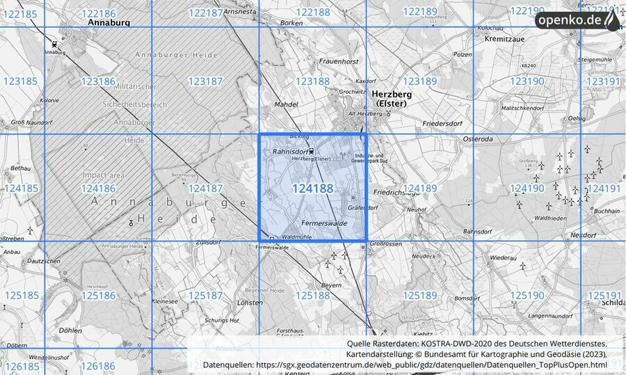 Übersichtskarte des KOSTRA-DWD-2020-Rasterfeldes Nr. 124188