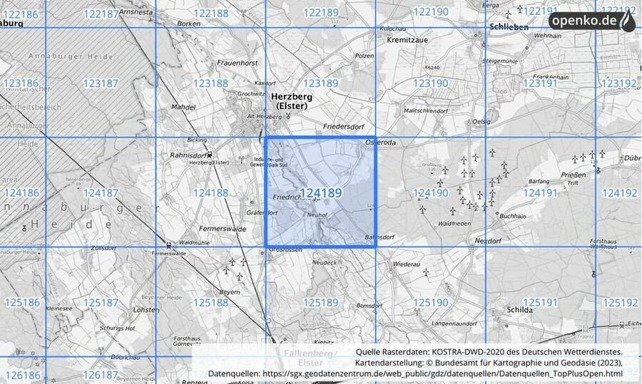 Übersichtskarte des KOSTRA-DWD-2020-Rasterfeldes Nr. 124189