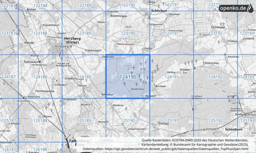 Übersichtskarte des KOSTRA-DWD-2020-Rasterfeldes Nr. 124190