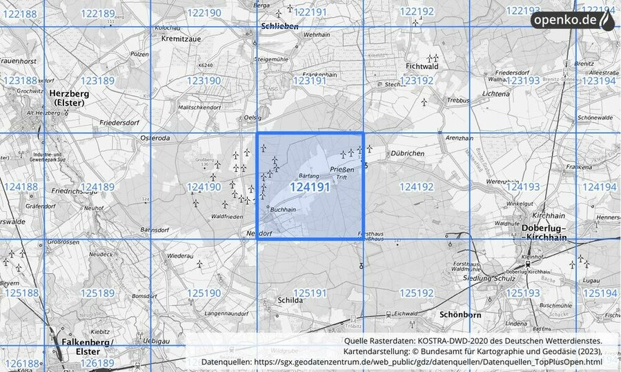 Übersichtskarte des KOSTRA-DWD-2020-Rasterfeldes Nr. 124191