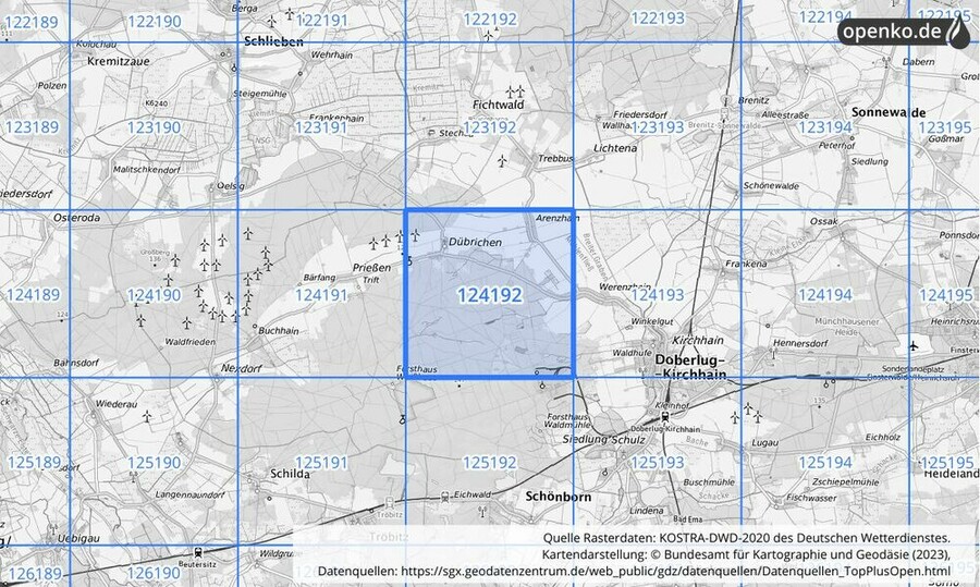 Übersichtskarte des KOSTRA-DWD-2020-Rasterfeldes Nr. 124192