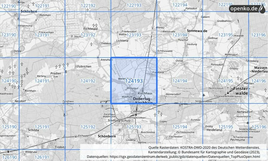 Übersichtskarte des KOSTRA-DWD-2020-Rasterfeldes Nr. 124193