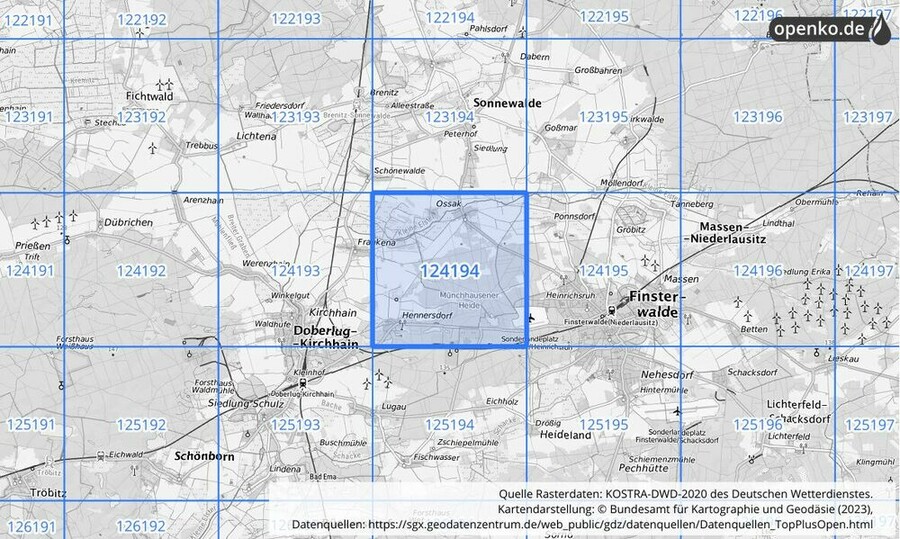 Übersichtskarte des KOSTRA-DWD-2020-Rasterfeldes Nr. 124194